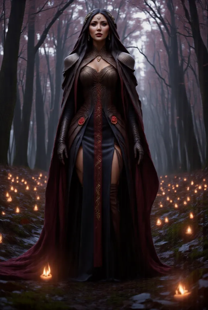 elf queen walking through moonlit forest, she is stunningly beautiful, she has long black hair, and gazes at her viewer with haughty disdain, {{perfect anatomy:1.4}}, her gown is black with {{glowing red runes and roses}}, she carries no weapons for she is...