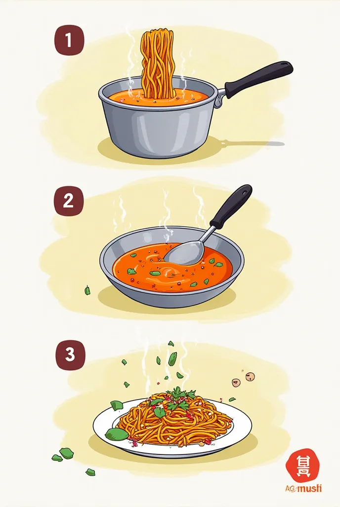 Step-by-step illustration of cooking instant Pad Thai: 1) Boiling noodles in a pot, 2) Mixing the sauce and ingredients in a pan, 3) Plating the Pad Thai with garnishes like lime and peanuts. The art style should be colorful and cartoonish, with a friendly...