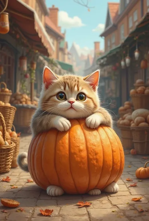 Prompt: A chubby kitten with big, pleading eyes sits in the middle of a bustling town market, surrounded by baskets of bread, fish, and milk. Shopkeepers and ren laugh as they feed him, unaware that he will soon become the roundest cat in history.

Whisker...