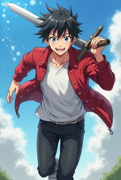 anime style.  35 year old man , black hair. wearing a red jacket and a white t-shirt and black pants. Runs forward waving a steel sword. He has a crazy and cunning smile. Against a clear day and blue sky.