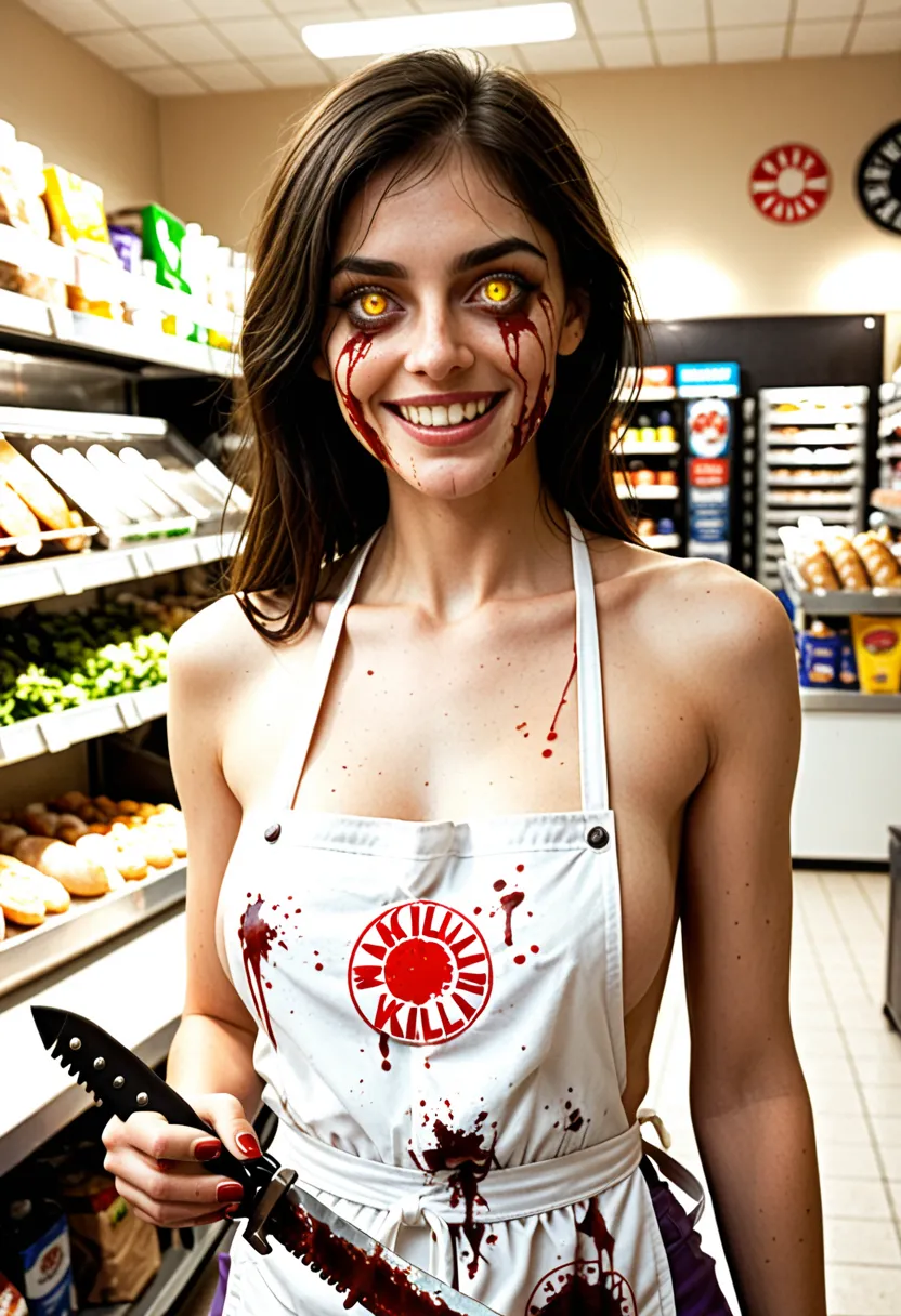 (masterpiece:1.3) 1girl, , (female serial killer:1.5) (skinny with an ugly face:1.3) working at Walmart, wearing an apron with topless under the apron, wide eyes, blood stains on clothes, short khaki shorts, big evil smile, (holding a knife:1.3), horror Wa...