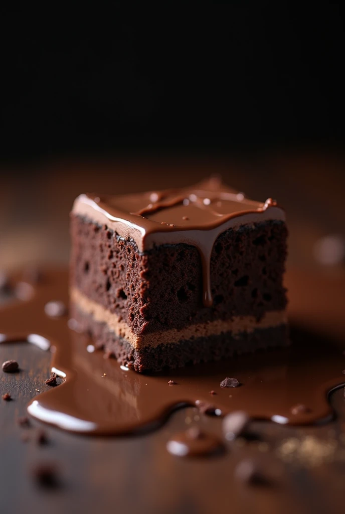 Cinematic frame of chocolate, chocolate cake,  dark background,  quality photo, wet texture, glazed,  studio photo, slice, shallow depth of field, vignette, Very detailed,  high budget, bokeh,  cinemascope,  melancholic cartoon, epic, granulate, film grain...