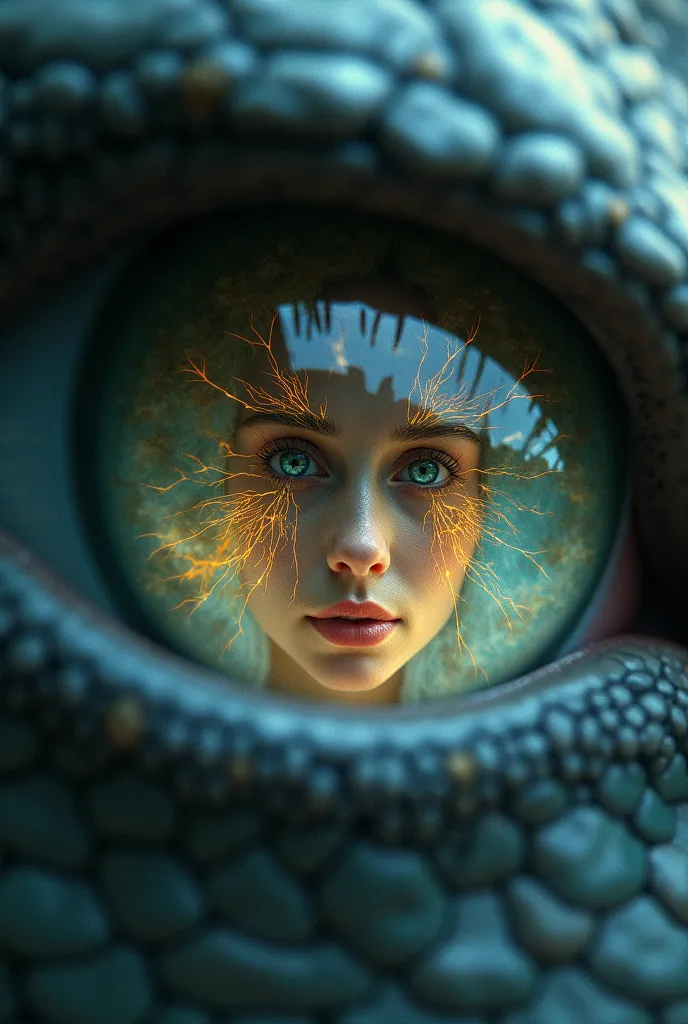 woman image on dragon eye pupil