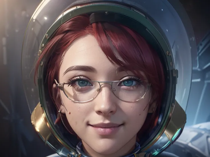 (close-up, face:1.1). Short, (red hair, green eyes:1.2), (diopter glasses with metal frames:1.2), (Space helmet:1.6), ( smile:1.3) Cortana  ( focused on the background of space:1.6). ( Masterpiece , top quality shirt, Best quality, official art,  beautiful...