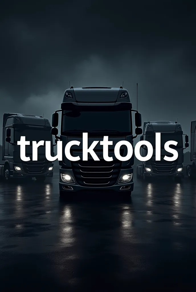 Come up with a prompt for the photo, I want the background to be dark and elite with daf trucks, in the foreground a large inscription TruckTools