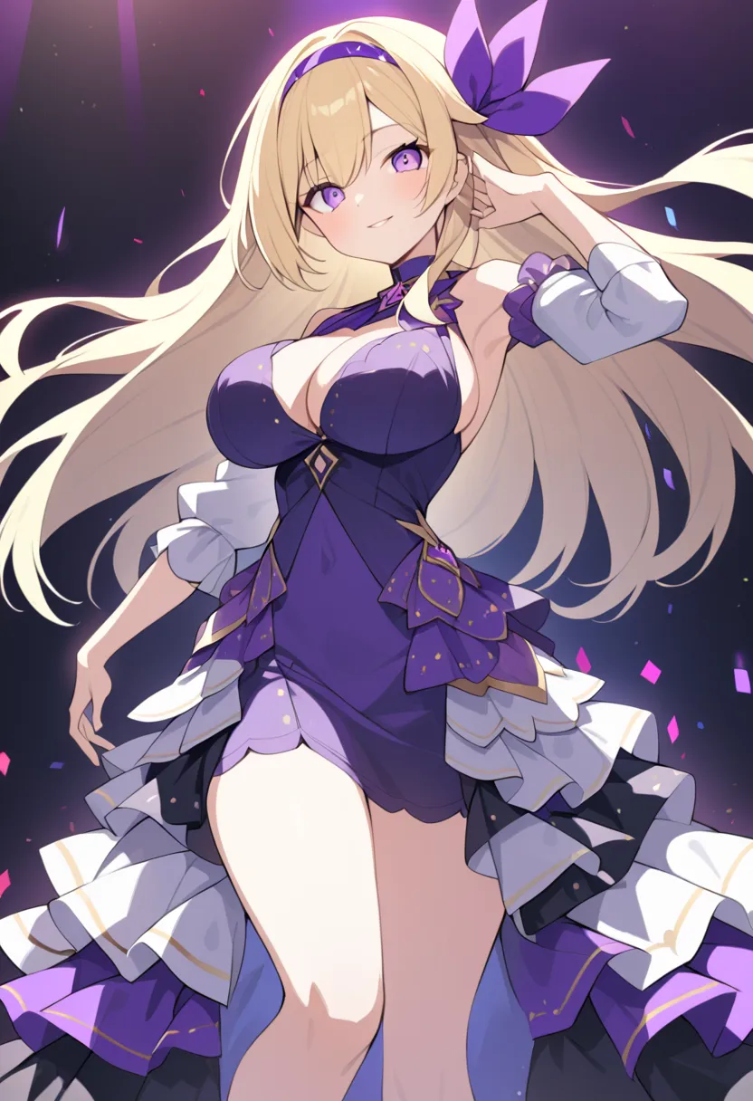 blond hair,  short hair, hair band, purple eyes, , big breasts,  live stage