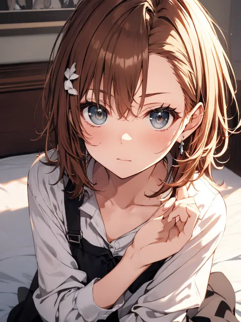 ４ｋ  quality, 最高  quality, Misaka_Mikoto,       frames,      short_hair,          small_  chest,）       on the bed　        very fine and beautiful 　１６age　      Sexy pose with a stiff expression 　 Enchantment