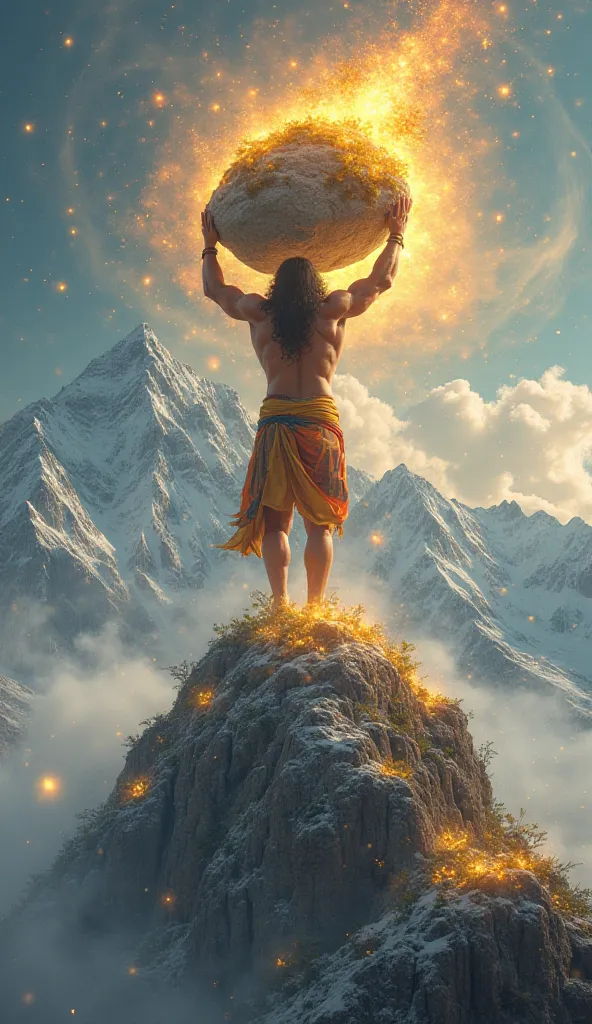 Hanuman Lifting the Sanjeevani Mountain
"Hanuman stands atop a grand Himalayan peak, surrounded by glowing medicinal herbs. Unable to identify the exact herb, he lifts the entire Sanjeevani mountain with his immense strength. His muscular arms hold the mas...