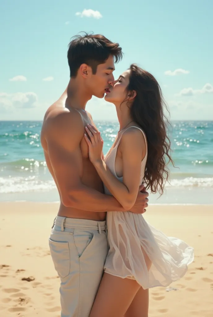 I want a girl wearing a short transparent dress for the beach with a handsome Korean guy with muscles kissing each other on the beach. I want the picture to be normal 