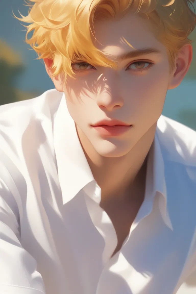 걸작,top quality,amazing quality,very high resolution,high resolution,recent,
,((1 male)),white shirt, school, blurry background, bad, Cheeky vibe,watching viewers, Handsome and Beautiful , 28 years old, yellow hair,  black eyes,Many lips, 