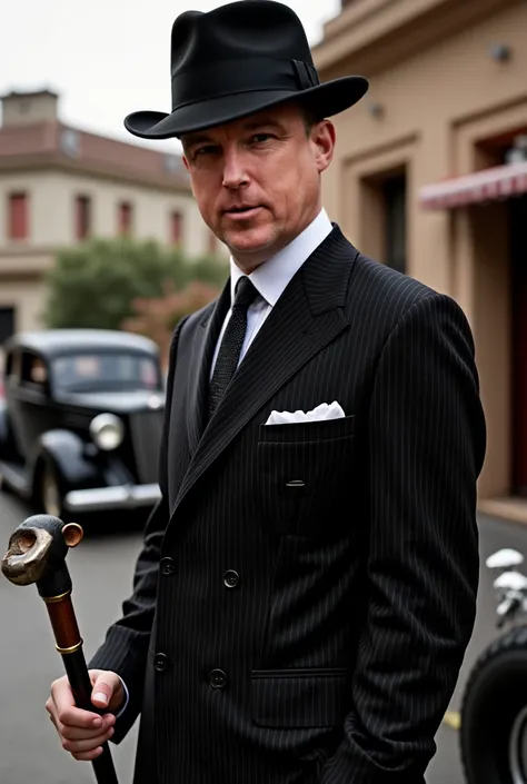 American gangster, in a black pinstripe white suit in the style of the 30s, black hat with a wide brim, a cane with a handle in the form of a monkey's head, against the background of an old car and building, close-up to the waist