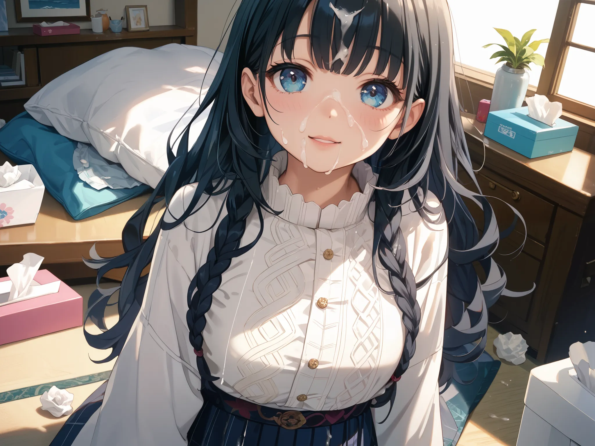 long hair,wave long black hair,master piece,best quality,ultra detailed,  highres,wave hair,Japanese woman with long black hair,masterpiece、Highest quality、 Western-style room、used tissue, tissue box,cum on clothes,cum on head,cum on faceFacial,  bukkake