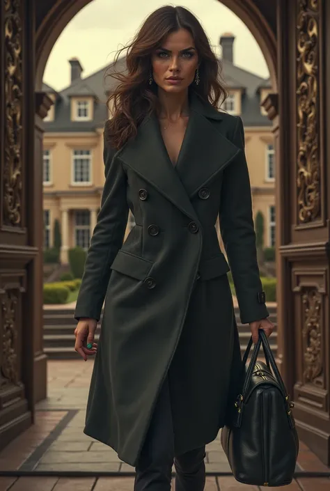 Create a picture of a woman wearing a pea coat and carrying a large bag, walking out of a luxurious house, looking angry. The woman in the photo should be in a side pose.