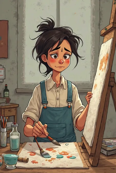 A poor artist making a painting without money and sad expressions in 2d cartoon style