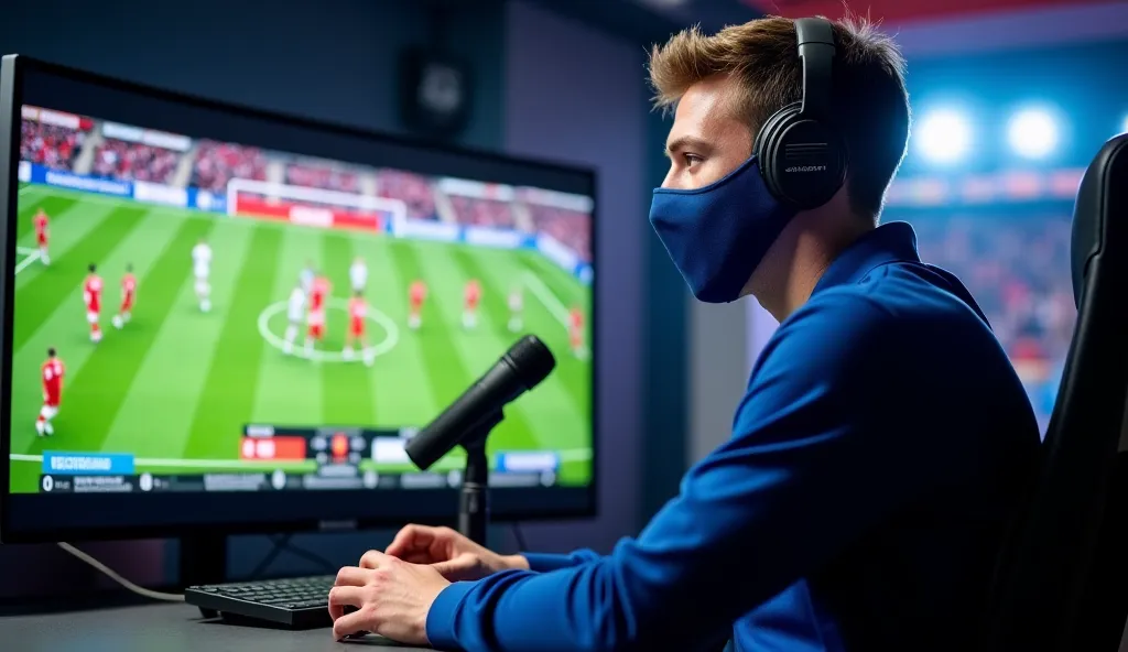 A football youtuber wearing a sports mask is sitting in a professional studio looking at the camera with a microphone in front of him and explaining football summaries to viewers with match screens and good lighting. Make him look at the camera live. Do wh...