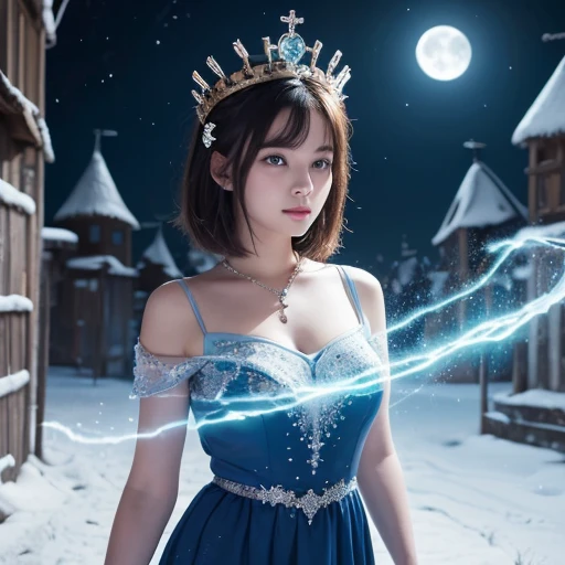   knight , (( 1 girl)), Alone, Masterpiece, 8k wallpaper,  high resolution,   Dumb , High quality backgrounds,  short hair while on a business trip,  black hair, Multicolored Hair, Beautiful frozen village, (Bright full moon),  Blue Dress,  detailed dress ...