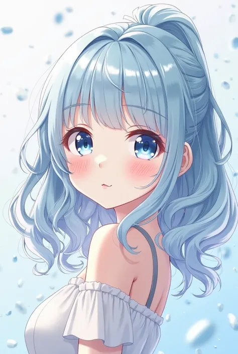 an anime girl with Her hair is a medium-length wavy style with soft, flowing curls. The bangs are cut straight across the forehead in a blunt, full fringe, slightly rounded at the edges. The hair frames her face naturally, with some loose strands adding to...