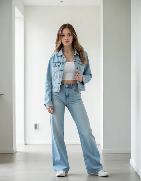 Full-body shot of Eden, a 23-year-old model from Hamburg, standing in her modern hallway in front of a white wall. She wears a light blue denim jacket over a white fitted top, paired with high-waisted denim jeans and casual sneakers. Her long, dark blonde ...