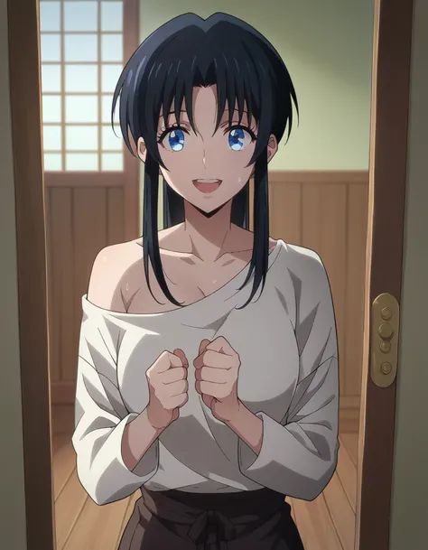 Kaoru Kamiya, wearing sexy open sweater, bare legs, bare back, bare shoulders, PonyXL, 1girl, black hair, blue eyes, long hair, hair down, best quality, masterpiece, ultra-detailed, high quality, 1girl, mature female, beautiful slim body, narrow waist, bea...