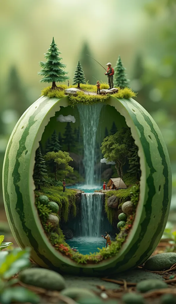 A realistic and highly detailed surreal artwork featuring a watermelon with a magical miniature world inside. The watermelon e is partially hollowed out, revealing a tiny landscape with a waterfall cascading down into a small pond. Inside the watermelon, t...