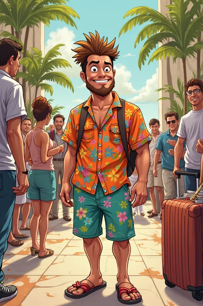 Help create a male tourist in a Hawaiian costume, who is in a hurry to check out of the hotel, but with the large number of people, he has to wait a long time to become a cute cartoon character.