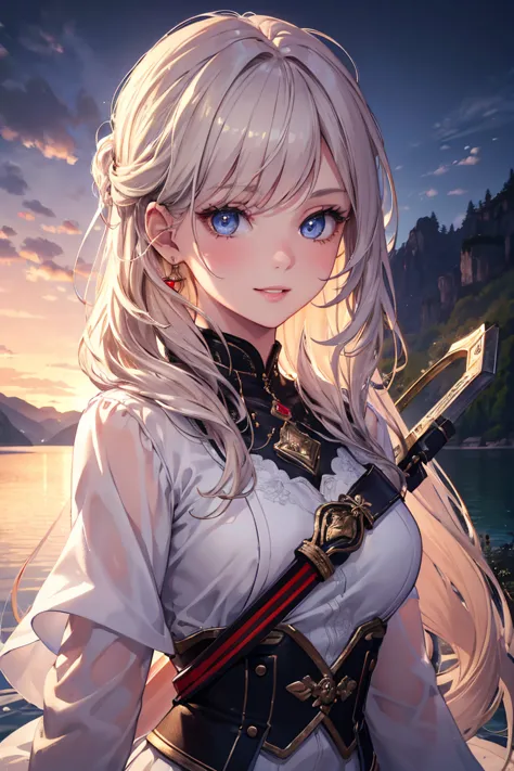 The girl who grills animal meat,masterpiece, Hi-Res, Highest quality, very well detailed, Pretty eyes, beautiful woman,lake, long hair, Glowing Sword