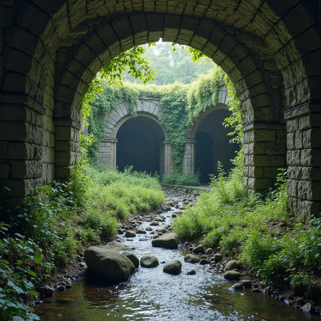 The image depicts an ancient, overgrown stone tunnel with multiple arches, surrounded by lush greenery and a flowing stream. The scene is illuminated by natural light filtering through the tunnel's openings, creating a serene and mystical atmosphere.