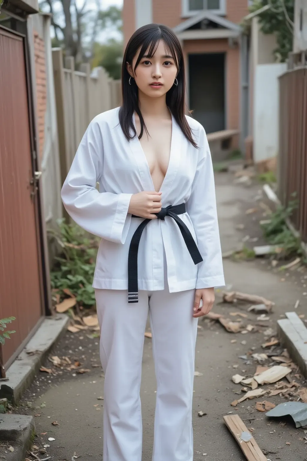 A girl in a karate suit is standing in ruins,  I'm wearing a white karate suit and a black belt, ((Untie the obi to show my bare chest ,big breasts)), Rub your hand through a gap in your karate uniform,  looking at the camera and smiling shyly .  (( Empty ...