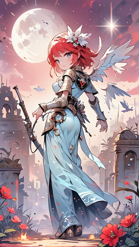 ((Highest quality)), (composition showing the whole body),(Angel Girl with 4 Arms),(Three Wings in Jet Black),(Rear Ring of an Angel Shining Behind the Girl's Head),(Girl in Pure Silver Armor),(Mr.々Decorative Armor with a Mysterious Metal Engraved),(Armor ...