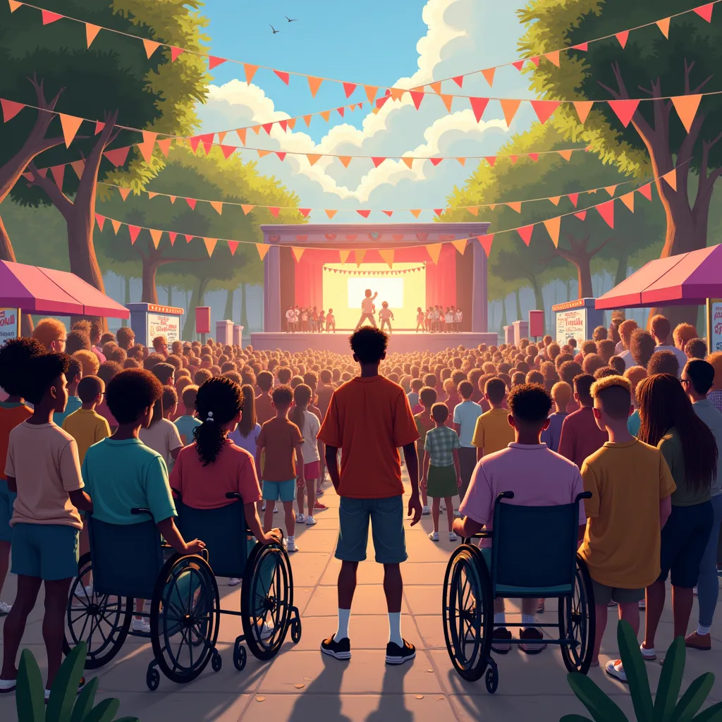 **Prompt for SEART IA:**  

*"Create a vibrant and inclusive scene of a large student event taking place in the afternoon in the school courtyard. In the center of the image, a group of friends, including a young black man aged 25, are facing the stage, wa...