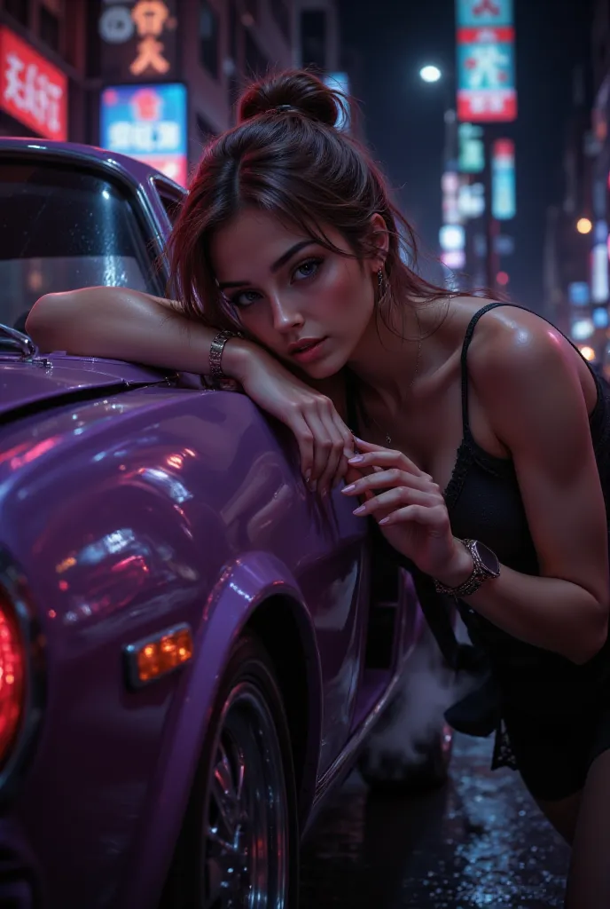  a woman, long brown hair tied up, leaning on the purple high-speed car, concentration of cars, career, neon lights, Carry a woman, long brown hair tied up, supported by a high speed purple car, concentration cars, career, neon lights, concentrated face, h...