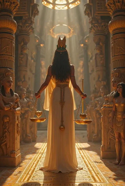 Generate a realistic and majestic image of the goddess Maat placing her sacred pen on the scale during the trial in the Duat. On the other side of the scale, the heart of a deceased woman expects to be heavy for determine her destiny in the afterlife. The ...