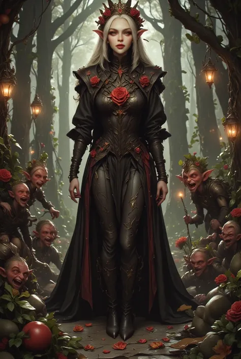 elf queen walking through lush forest showering her in blooms, she is albino with long white hair, scowling, {{perfect anatomy:1.4}}, her gown is black with {{glowing red runes and roses}}, her loyal subjects, the red goblins, dance and frolic around her, ...