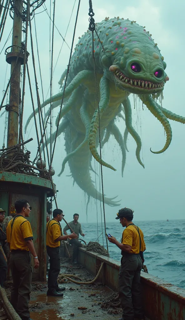  A super-realistic scene depicting an alien-like creature , gigantic,   winch being lifted into the air by a corroded steel rod attached to a fishing boat aged and spent by Chinese time.   The creature does not resemble any species Known terrestrial  : It ...