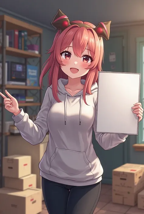 An anime girl with big breast and ass smiling towards us and wearing a gaming hoddie and black pants in a room holding a white Board showing it to us  and the behind her room is fill with boxes and items