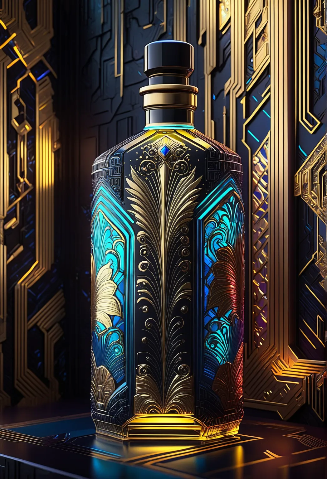 Create an image of a gold-decorated bottle containing a vibrant, mythical liquid with a mesmerizing array of colors. The bottle is set against a backdrop of an obsidian wall piece adorned with intricate gold decorations. The lighting is perfect, highlighti...