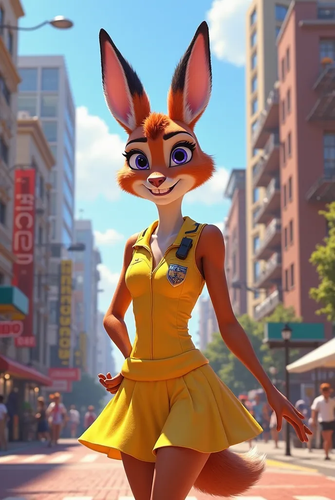 Judy Hopps from zootopia wearing a yellow sundress in the city