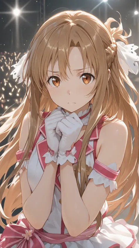 (masterpiece),( Redeem ),( very well detailed),(  best illustrations),( best shadows),( absurd),( detailed background ),( very beautiful ),   Yuki Asuna、 brown hair 、 long hair、 Hazel eyes 、French Braid、gloves、bangs, idol,   browse viewers, 