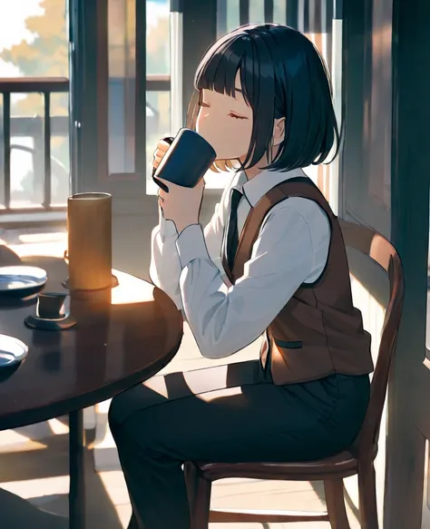 1girl, solo, short hair, bangs, shirt, black hair, long sleeves, holding, sitting, closed eyes, white shirt, necktie, day, collared shirt, pants, blunt bangs, vest, cup, chair, black pants, table, bob cut, holding cup, mug, railing, drinking, brown vest