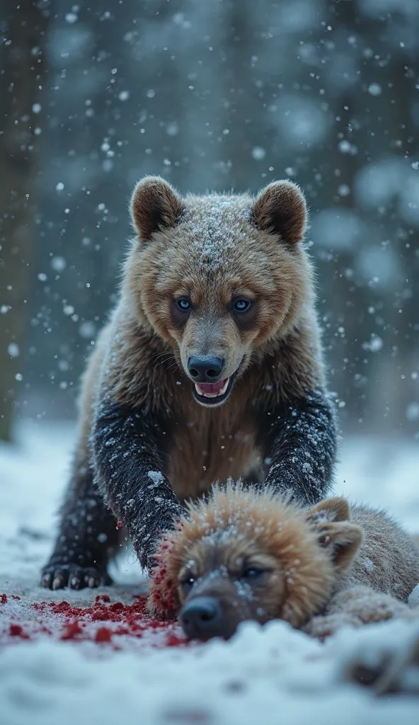 "A fierce battle in a dark, frozen forest. A powerful baby bear stands victorious, its small but strong frame covered in battle scars, its mouth open in a triumphant snarl. Its intense eyes reflect dominance as it places one blood-stained paw over its fall...