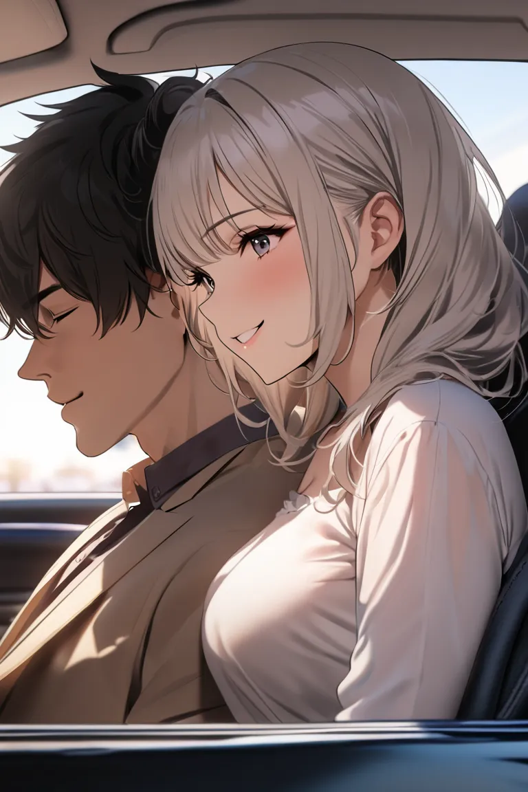 top quality, masterpiece, Hi-Res, 8k, (1 girl 1 boy ), duo, sexy, (bust shot), (casual fashion without seat belts), black bun hair, Mature Woman, ((( kind expression))), Man and woman kissing in car, smile, ((( toro face))), Beautiful breasts