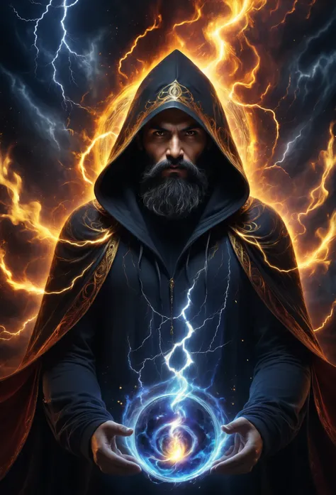 astrologer, Dark face, monstrous face, long beard, lightning eyes, dark hoodie cape, dark aura, opened the book of magic, Ethereal, four elements mixed, high resolution art photographic, digital processed image, superdetailed, contract, 8 k, dramatic light...