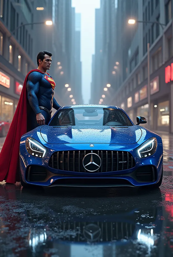 Mercedes Benz in blue color and superman stand near the car