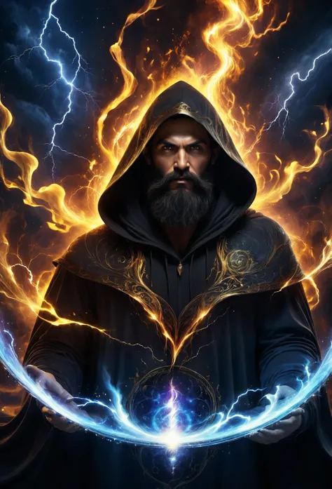 astrologer, Dark face, monstrous face, long beard, lightning eyes, dark hoodie cape, dark aura, opened the book of magic, Ethereal, four elements mixed, high resolution art photographic, digital processed image, superdetailed, contract, 8 k, dramatic light...