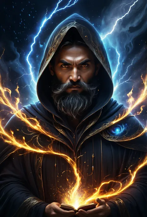 astrologer, Dark face, monstrous face, long beard, lightning eyes, dark hoodie cape, dark aura, opened the book of magic, Ethereal, four elements mixed, high resolution art photographic, digital processed image, superdetailed, contract, 8 k, dramatic light...