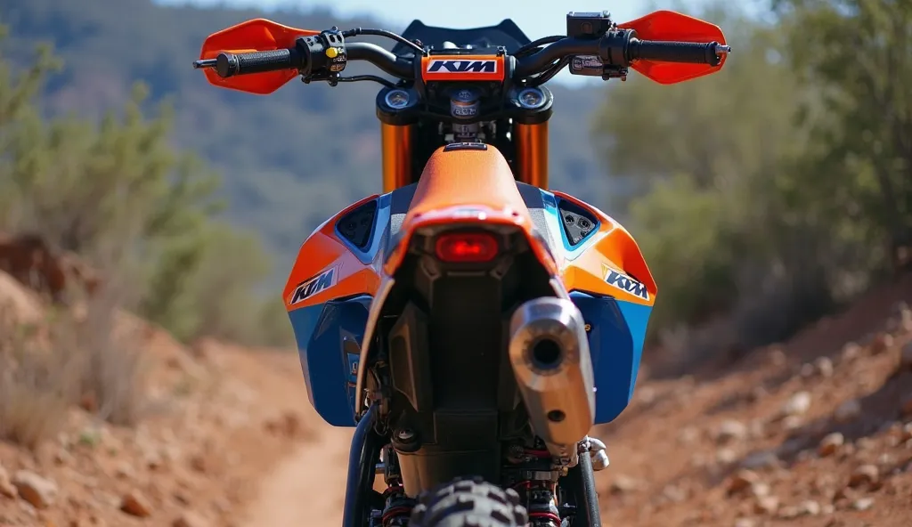 back view of KTM freeride 350 in orange and blue color