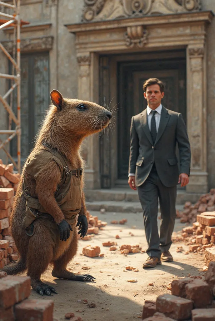 Make a capybara, a poor bricklayer in a construction building, watching a millionaire boy come out in a suit from a million-dollar estate