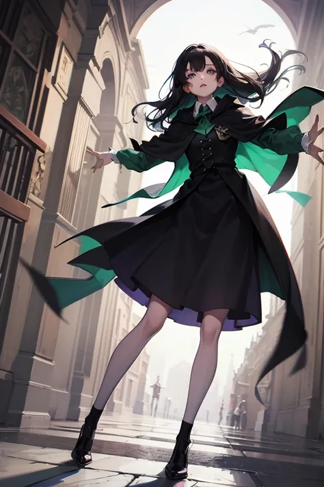 Slytherin, full body, black haired female, high angle, black cloak, shirt, skirt, purple eyes, long hair