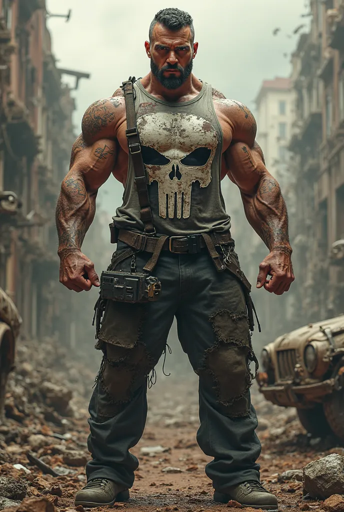 Crea el personaje de the punisher , Gigantic Pecs undershirt , roupa rasgada,no Apocalipse 