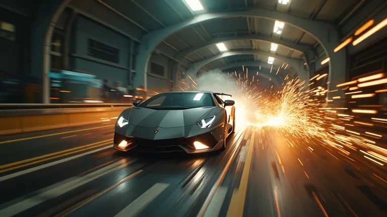 A thrilling cinematic shot of the Lamborghini Temerario launching from a garage, with sparks flying from the rear tires as it hits top speed. The motion blur and intense lighting enhance the sense of raw power and performance. Ultra HD 8K, hyper-realistic,...